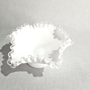 Vintage Fenton Silver Crest Ruffled Edge Milk Glass Bowl with Clear Edge 8.5"